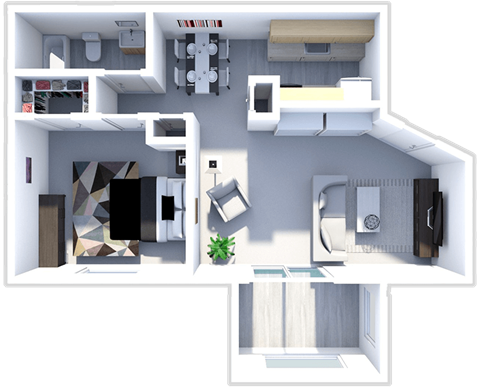 Floor plan for 1 bed, 1 bath, 715 sqft